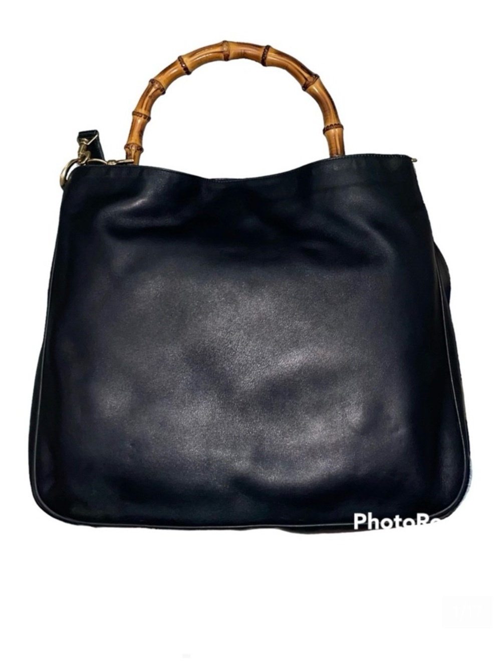 Authentic Gucci Vintage Navy Blue Leather Bamboo Handle Two Way Large Tote Bag